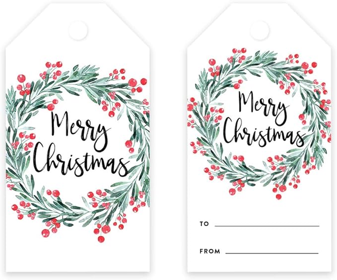 Andaz Press Christmas Holiday Season Classic Gift Tags, Merry Christmas to from Classic Favor Tags, Holly Wreath Design, for Holiday Events, Parties, and Favors, 60-Pack