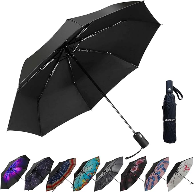 LLanxiry Compact Travel Umbrella, 44" Canopy, Automatic Open/Close Windproof Umbrella, 210T Pongee, 8-Rib Fiberglass, Travel Size Mini, Portable Rain/Sun Umbrellas UPF 50+ with Cover