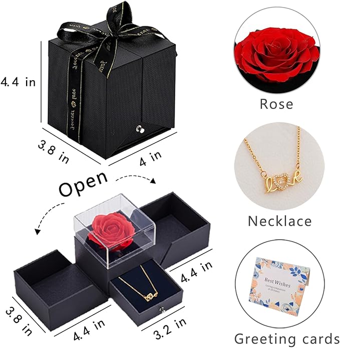EIGHTOWN Roses Bouquet Artificial Flower - Preserved Red Rose Flowers with Love Necklace for Her - Unique Gifts Valentine's Day, Mother's Day, Thanksgiving, Birthday, Anniversary (512)