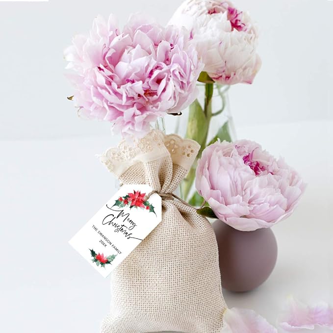 Andaz Press Personalized Christmas Holiday Season Classic Gift Tags, Merry Christmas Custom Family Name and Year, Poinsettia Design, for Holiday Events, Parties, and Favors, 60-Pack