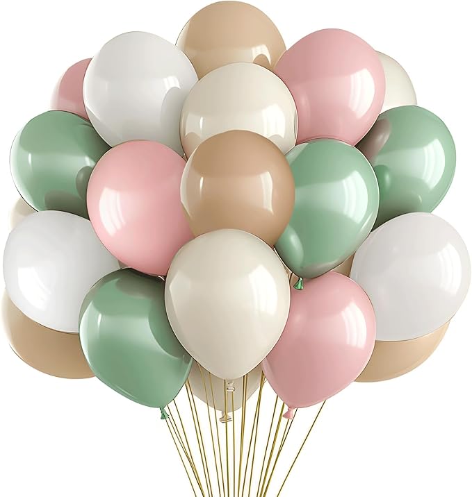 Sage Green Balloons,50Pcs 12 Inch Pastel Pink and Dusty Green Nude Sand White Boho Balloons with Ribbon for Girls Women Birthday Bridal Shower Wedding Tea Party Decorations