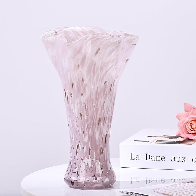 9.0" H Pink Glass Vases for Flowers, Unique Hand Blown Glass Vase Pink Home Decor, Wide Mouth Colorful Flower Vase Centerpieces, for Living Room Table Bookshelf, Bathroom Office Shelf Decorative