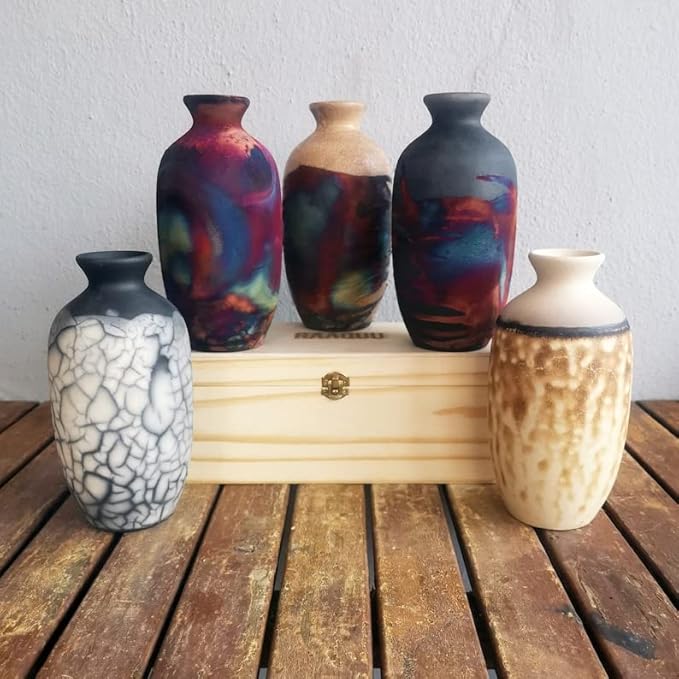RAAQUU Koban 7 inch Raku Clay Ceramic Pottery Vase with Gift Box Corporate Gift in a Pine Box -Personalized Rustic Boho Handmade Gift in Smoked Raku
