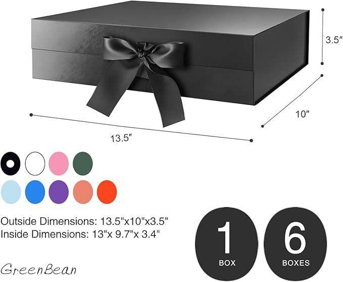 GREEN BEAN 6 Large Gift Boxes with Lids for Presents 13x9.7x3.4 Inches, Black Magnetic Gift Box with Ribbon, Groomsmen Proposal Box, Luxury Gift Boxes (Glossy Black)