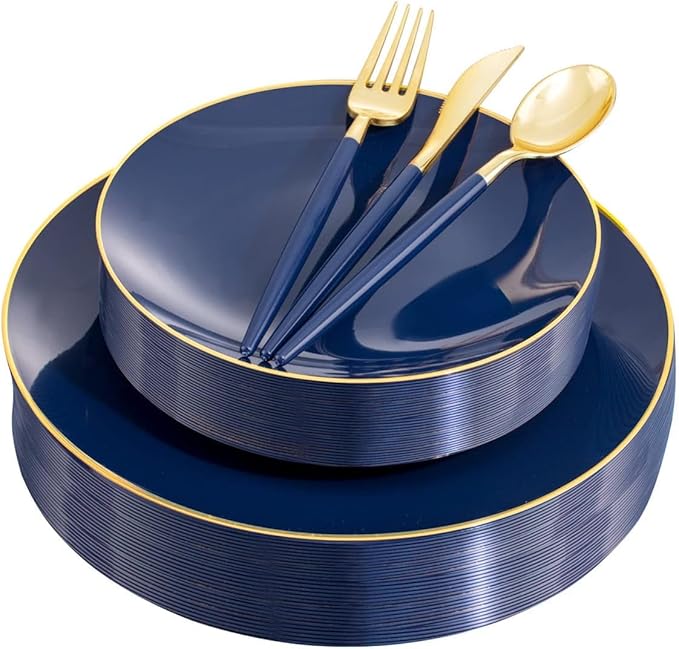 Liacere 150PCS Blue Plastic Plates - Gold Plastic Silverware with Blue Handle - Navy Disposable Plates Include 30 Guests Plates,Forks,Spoons,Knives for Hanukkah & New Year & Hanukkah