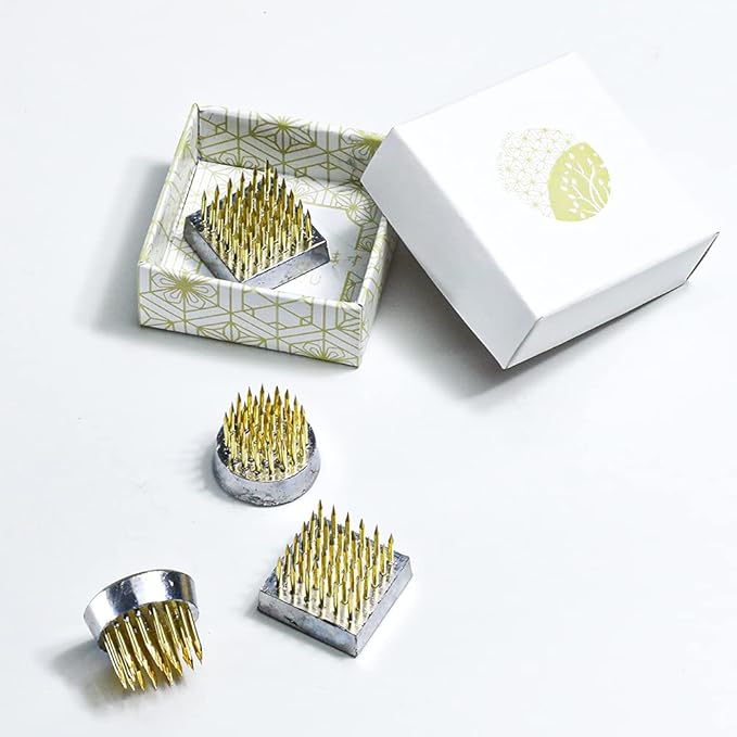 Wazakura 4PCS Mini Ikebana Kenzan Japanese Flower Holder, Made in Japan, Floral Arranging Pin Frog, Round Square - 1"(24mm) Brass