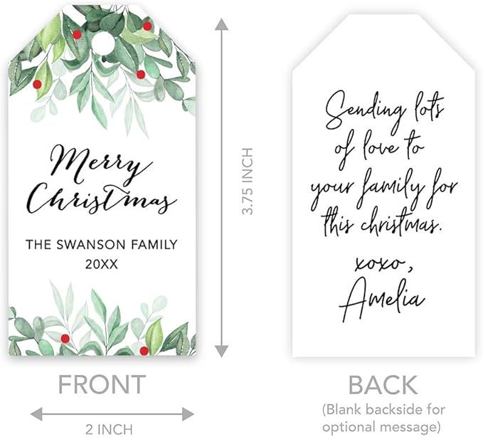 Andaz Press Personalized Christmas Holiday Season Classic Gift Tags, Merry Christmas Custom Family Name and Year, Watercolor Holly Leaves Design, for Holiday Events, Parties, and Favors, 60-Pack