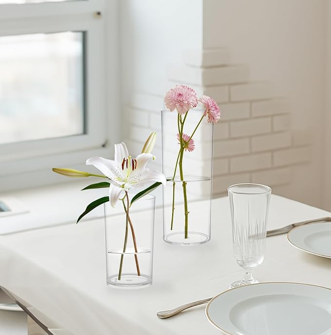 KLIFA- Carlsbad- Set of 3 pcs, 6, 9 & 11 Inch Tall, Plastic Cylinder Vases for Centerpieces, Acrylic Flower Vase for Wedding Centerpieces, Home Decorations, Clear