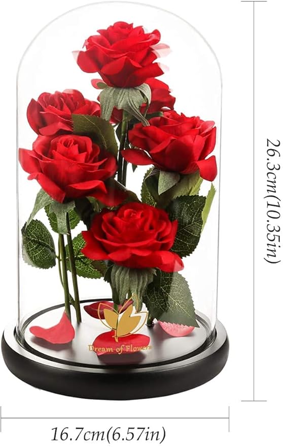 Christmas Rose Gifts for women,Beauty and The Beast Rose in Glass Dome with LED Light,Glass Rose Flower Gifts for Her,Christmas Birthday Gifts for Women Mom Wife Girlfriend Friend Forever Red Rose