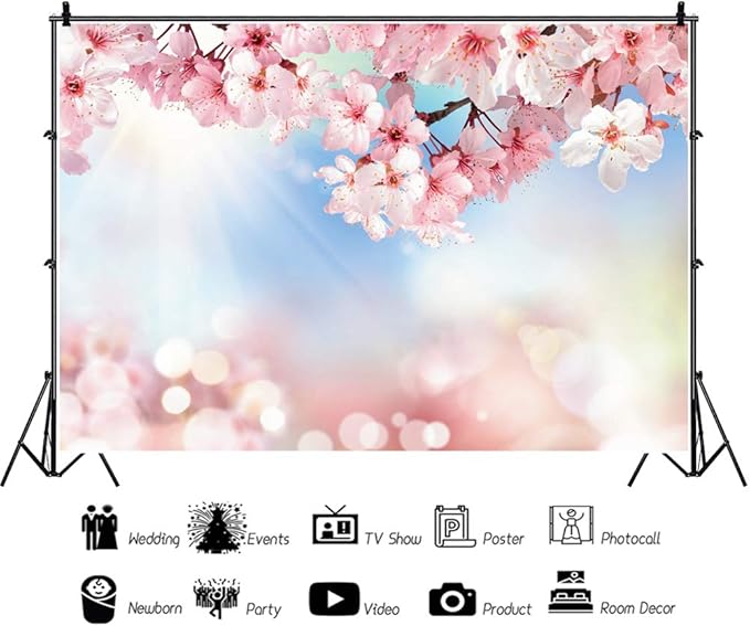 Renaiss 7x5ft Cherry Blossom Floral Backdrop Pink Flower Sunshine Bokeh Romantic Nature Scenery Photography Background for Wedding Bridal Shower Birthday Party Decor Photo Booth Props
