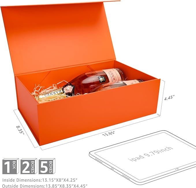 LIFELUM Christmas Gift Boxes 13.85 x 8.35 x 4.45 inch 5 Pack Gift Boxes with Lids Contains Card, Ribbon, Shredded Paper Filler (Orange)