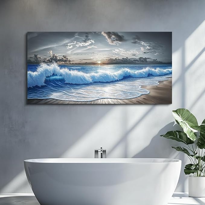 PHAOHUAXM Wall Decor For Living Room Wall Art For Bedroom Office Restaurant Decoration Black White And Blue Ocean Wave Landscape Painting Canvas Pictures Printing Artworks Modern Home Decor 20"X40"