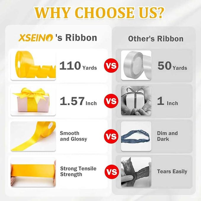 XSEINO 110 Yards Ribbon,1 1/2 Inch Golden Satin Ribbon for Flower Bouquet, Gift Wrapping, Ribbons for Crafts, Hair Bows Making, Wedding Party Decoration, Sewing, Invitation Cards, Christmas, Wreath