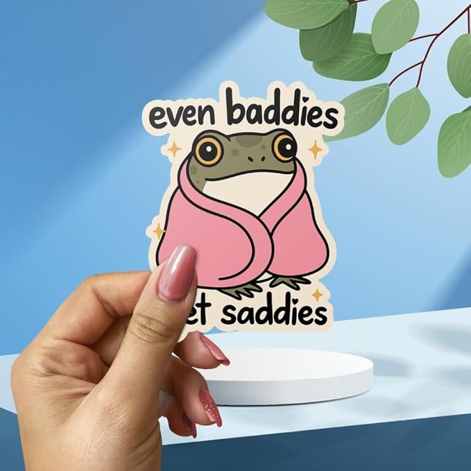 HANDICHI Design 5-Pack 4 Inch Even Baddies Get Saddies Frog Stickers – Funny Mental Health Vinyl Decal Set for Laptops, Water Bottles, Journals & Scrapbooks – Cute Baddie Sticker Pack