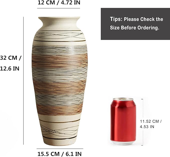 Ceramic Rustic Farmhouse Vase, 12.6” Large Vintage Flower vase for Home Decor, Tall Boho Textured Vases for Living Room, Table, Mantel, Shelf and Centerpieces Decor and Housewarming (B)