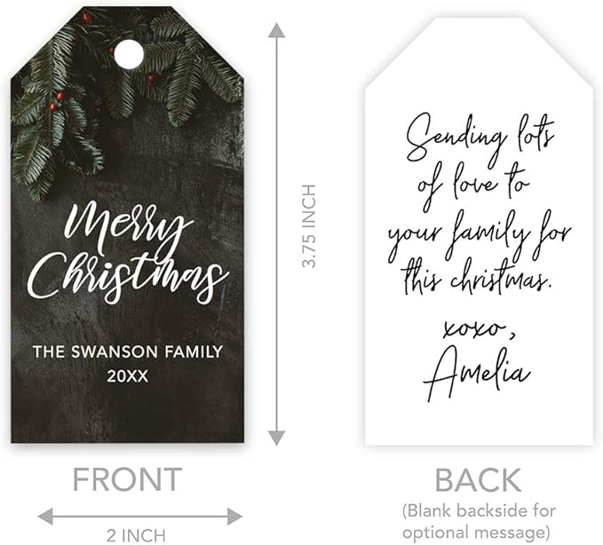Andaz Press Personalized Christmas Holiday Season Classic Gift Tags, Merry Christmas Custom Family Name and Year, Green Christmas Tree Branch Design, for Holiday Events, Parties, and Favors, 60-Pack