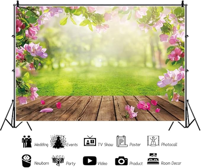 Renaiss 9x7ft Spring Nature Scenery Pink Flower Blossom Green Leaves Wood Floor Park Floral Meadow Photography Background for Wedding Baby Shower Birthday Party Decor Photo Studio Props