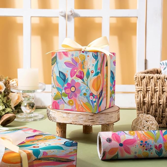WALL-KNACK 17" X 393" Vibrant Texture Colorful Flower Orange Wrapping Paper Gift Wrap Roll for Wedding, Mother's Day, Holiday, Baby Shower, Women Girls Gifts, Birthdays, Bridal Shower and Engagement