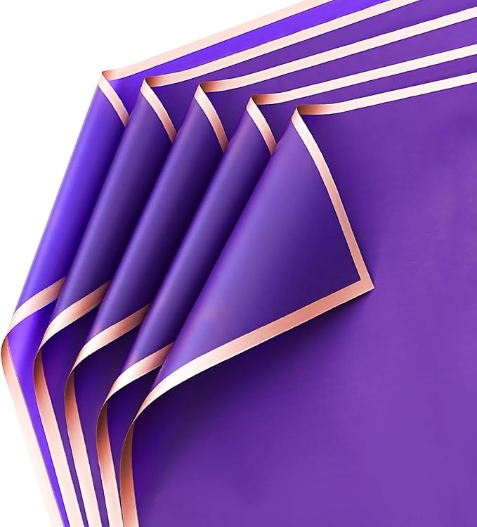 Bupduq 30 Sheets Purple Gold Edge Flower Bouquet Wrapping Paper，Florist Supplies Waterproof Floral Bouquet Wrapping Paper Bouquet Accessorie，Flower Shop Packaging Pape for DIY Gift Wedding Birthday