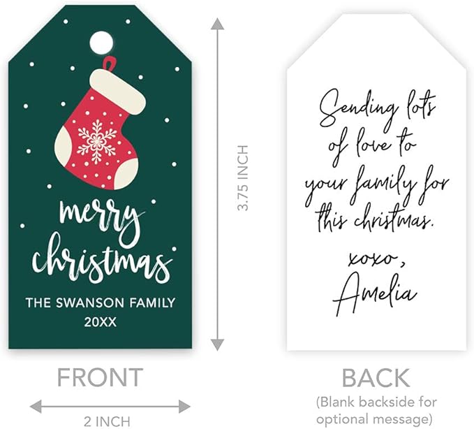 Andaz Press Personalized Christmas Holiday Season Classic Gift Tags, Merry Christmas Snowflake Stocking Design, Custom Family Name and Year, for Holiday Events, Parties, and Favors, 60-Pack