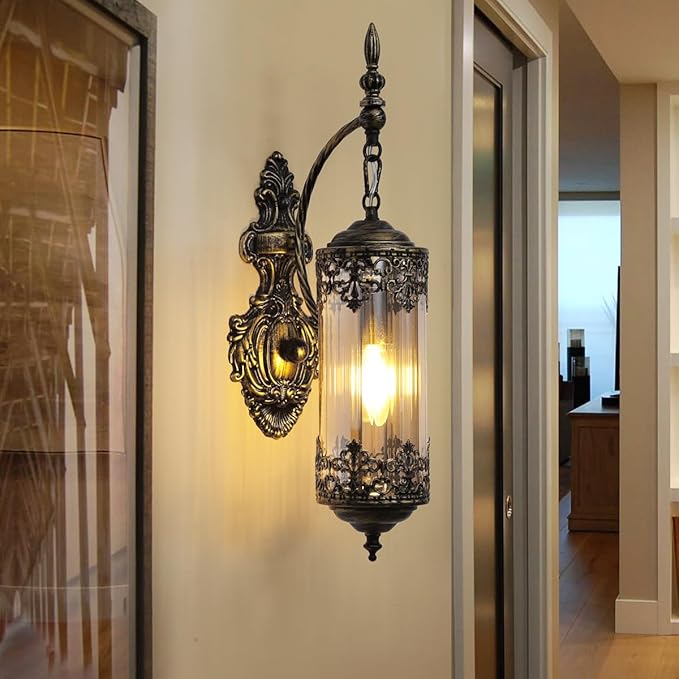 Antique Rustic Wall Sconce with Amber Glass Mini Vintage Gothic Wall Light Fixture Retro Farmhouse Mid Centry Lantern Wall Sconce for Bedroom, Hallway, Mirror, Bursh Gold, E12