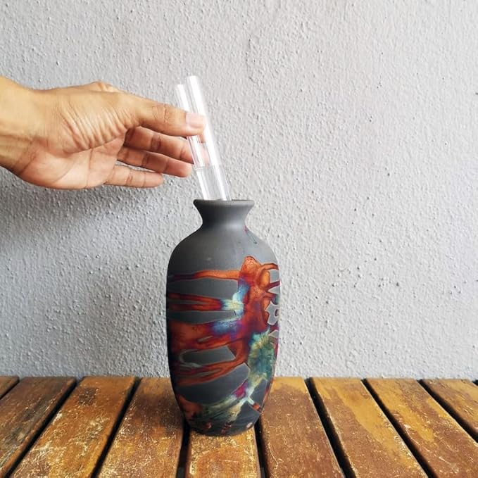 RAAQUU Koban 7 inch Raku Clay Ceramic Pottery Vase with Gift Box Corporate Gift in a Pine Box -Personalized Rustic Boho Handmade Gift in Smoked Raku