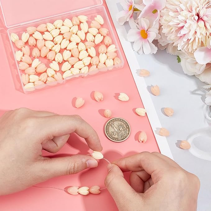 1 Box 100pcs Flower Shape Beads Light Pink Flower Beads Artificial Synthetic Coral Peach Color and Creamy White Spring Flowers Loose Spacer Jasmine Bead for Jewelry Making Necklace Bracelet