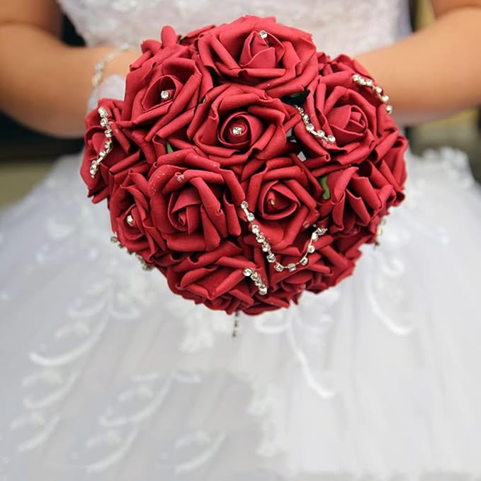 IPOPU Artificial Rose Flower Heads, 100 Pcs Real Looking Burgundy Foam Fake Roses for DIY Wedding Baby Shower Centerpieces Arrangements Party Tables Home Decorations (Wine red, Stemless)