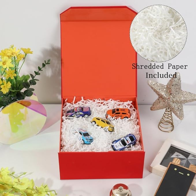 6 Pcs Small Red Gift Box 8x8x4 Inch Magnetic Box with Crinkle Paper Red Small Gift Box with Shredded Paper Luxury Gift Boxes with Lids for Presents