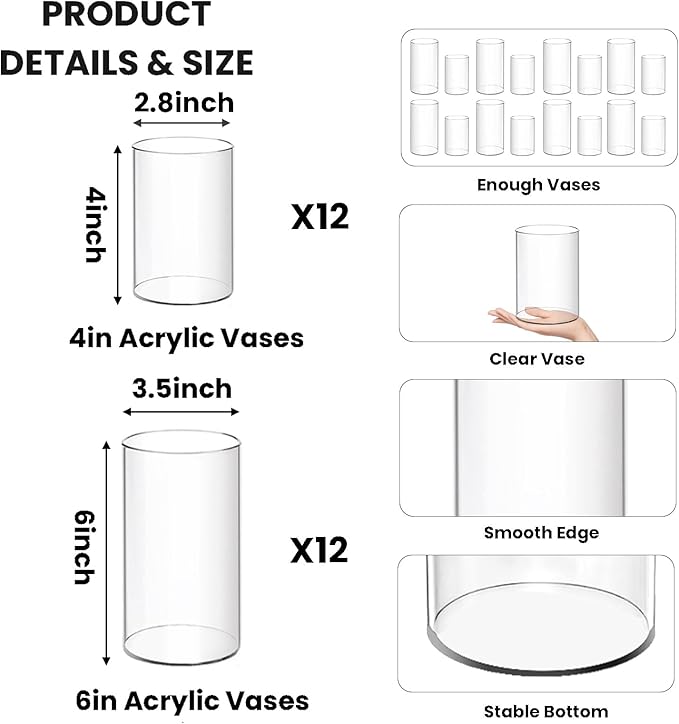 24 Pcs Plastic Vases for Centerpiece, 4 Inch & 6 Inch Small Clear Plastic Cylinder Flower Vase Bulk Acrylic Vases for Centerpiece Home Wedding Table (12pcs 4in + 12pcs 6in)