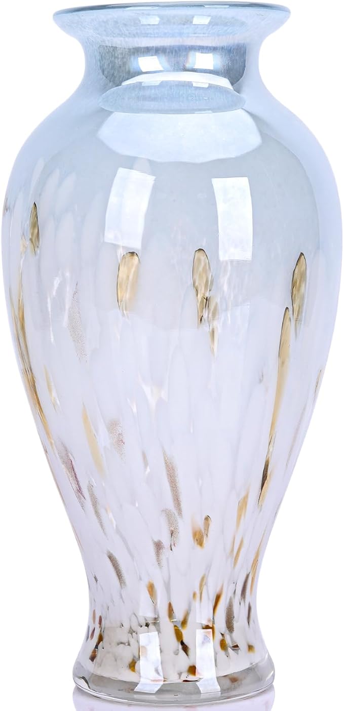 Hand Blown Glass Vase 11.8" Tall Beautiful Blue White Sea Wide Mouth Bud Vase for Table Centerpiece, Painted Colorful Murano Glass Flower Vases for - Home Entrance Wedding Center