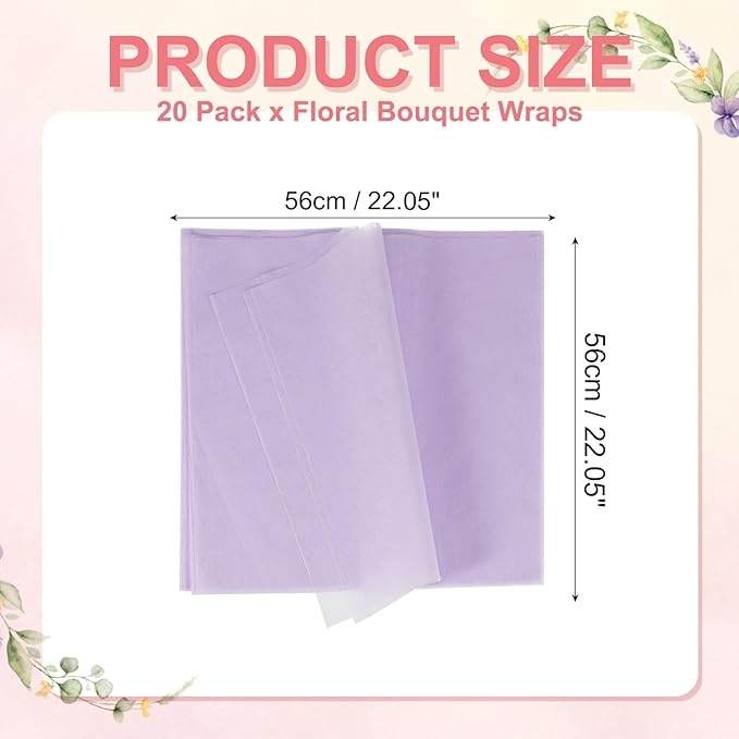 YELARXI Flower Wrapping Paper, Cotton Wrapping Flower Paper, Non-Woven Waterproof Floral Bouquet Wraps - Fitting for (Florist Supplies/Gift) 22 x 22 Inch & 20 Pack & Light Purple