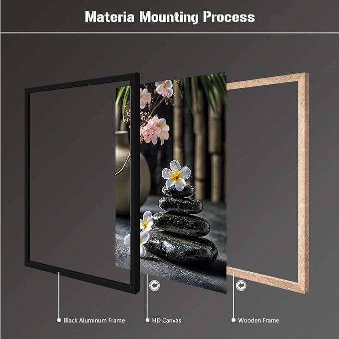 A harmonious black stone stack paired with white and pink flowers bamboo and ceramic vases creates a tranquil Zen decor for minimalist homes and mindful spaces 16x24in Metal blackFramed