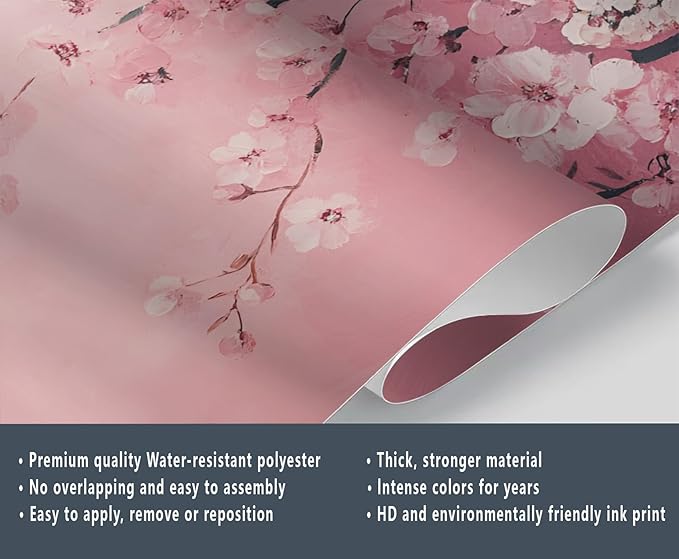 Pink Cherry Blossom Wall Mural, Romantic Cherry Blossom 3D Wall Murals, Japanese Flower Wallpaper Mural, for Living Room Bedroom Large Wallpaper Indoor Decor 137.8" W x100 H