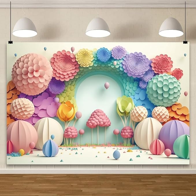 YongFoto Paper Flowers Backdrop 10x6.5ft Colorful Cut Paper Floral Blossom Rainbow Arch Hot Air Balloon Honeycomb Ball Photography Background Lovely Party Banner Home Decor Photo Studio Booth Props