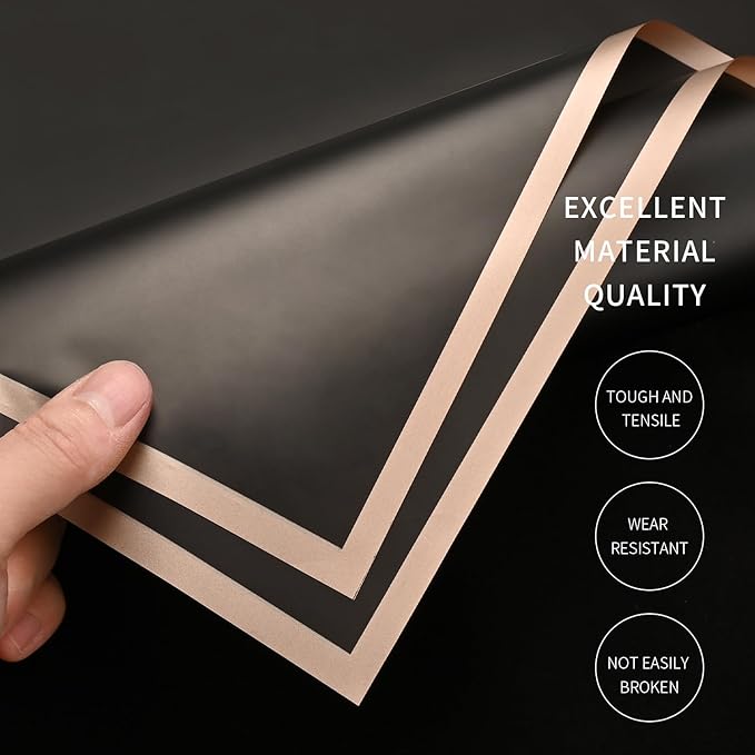 30 Sheets Black Gold Edge Flower Bouquet Wrapping Paper，Florist Supplies Waterproof Floral Bouquet Wrapping Paper Bouquet Accessorie，Flower Shop Packaging Pape for DIY Gift Wedding Birthday