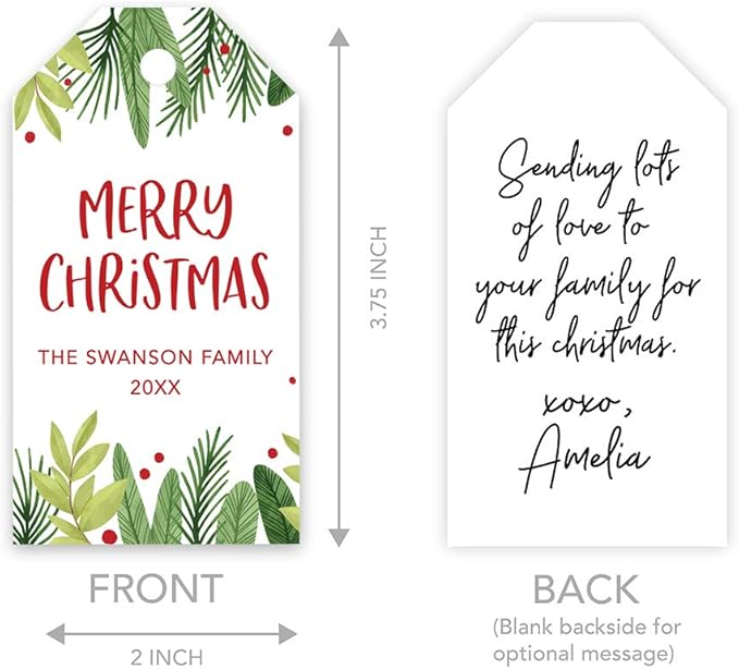 Andaz Press Personalized Christmas Holiday Season Classic Gift Tags, Merry Christmas Custom Family Name and Year, Holly and Berry Branches Design, for Holiday Events, Parties, and Favors, 60-Pack