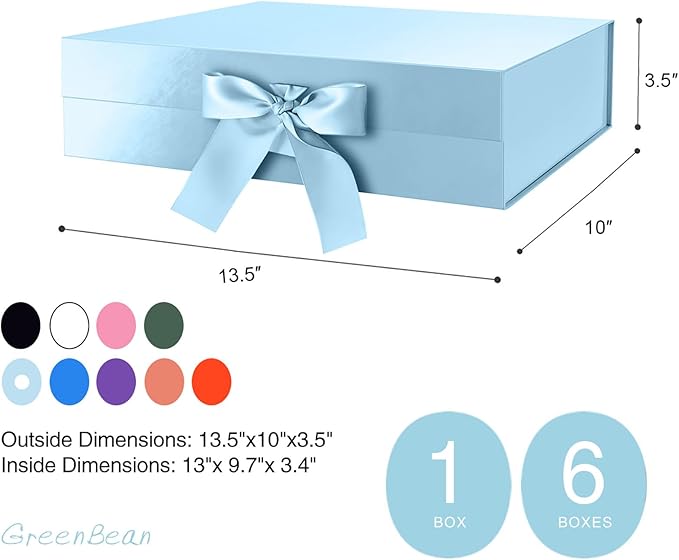GREEN BEAN Large Gift Box with Lid for Present 13x9.7x3.4 Inches, Baby Blue Magnetic Box with Ribbon, Bridesmaid Proposal, Luxury Gifts Box(Glossy Baby Blue)