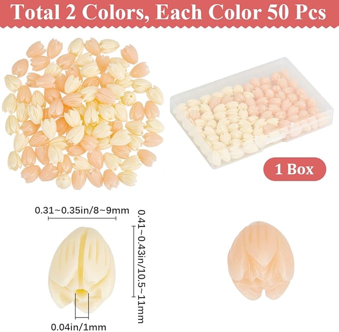 1 Box 100pcs Flower Shape Beads Light Pink Flower Beads Artificial Synthetic Coral Peach Color and Creamy White Spring Flowers Loose Spacer Jasmine Bead for Jewelry Making Necklace Bracelet