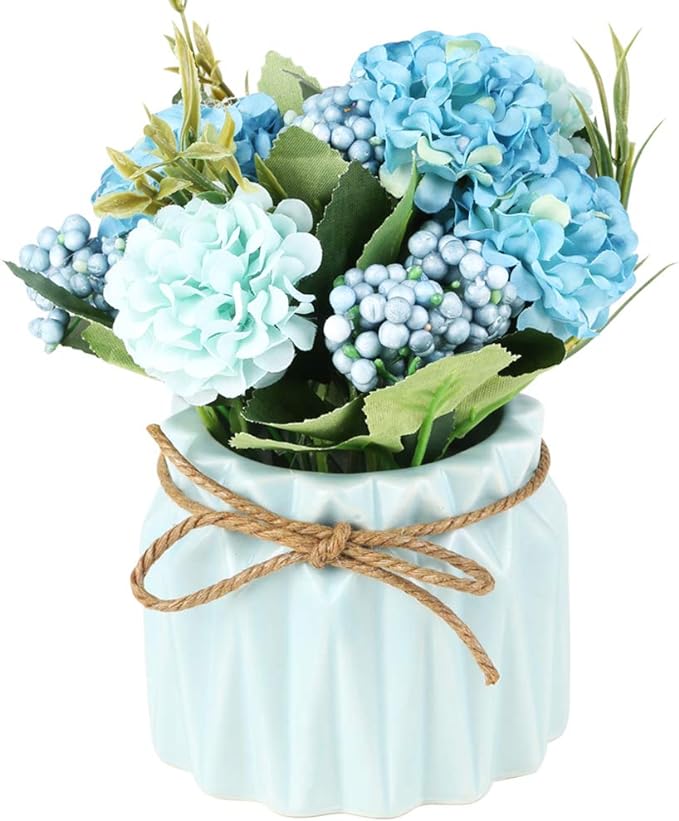 Artificial Hydrangea Bouquet with Small Ceramic Vase Fake Silk Variety Flower Balls Flowers Decoration for Table Home Party Office Wedding (Green)