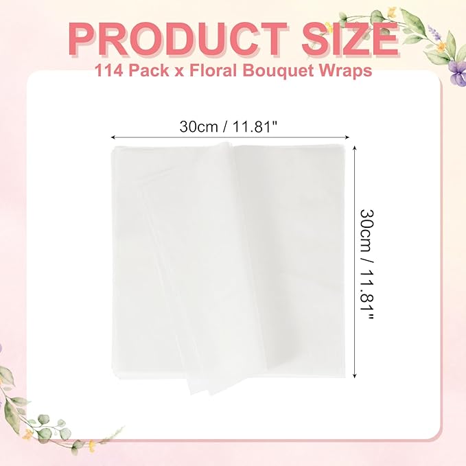 YELARXI Flower Wrapping Paper, Cotton Wrapping Flower Paper, Non-Woven Waterproof Floral Bouquet Wraps - Fitting for (Florist Supplies/Gift) 11.8 x 11.8 Inch & 114 Pack & White