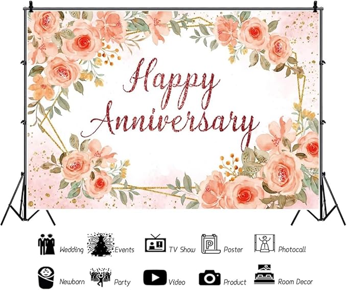 Leyiyi 5x3ft Happy Anniversary Backdrop Watercolor Pink Floral Rose Green Leaves Gold Dots Glitter Photography Background Cheers to Wedding Anniversary Bridal Shower Party Decorations Photo Props