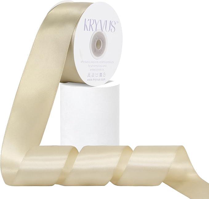 Beige Satin Ribbon, Double Faced 1-1/2 Inch X 25 Yards Beige Ribbon, Premium Satin Ribbon for Gift Wrapping, Crafts, Hair Bow Making, Sewing, Flower Bouquet, Wedding Party Decor