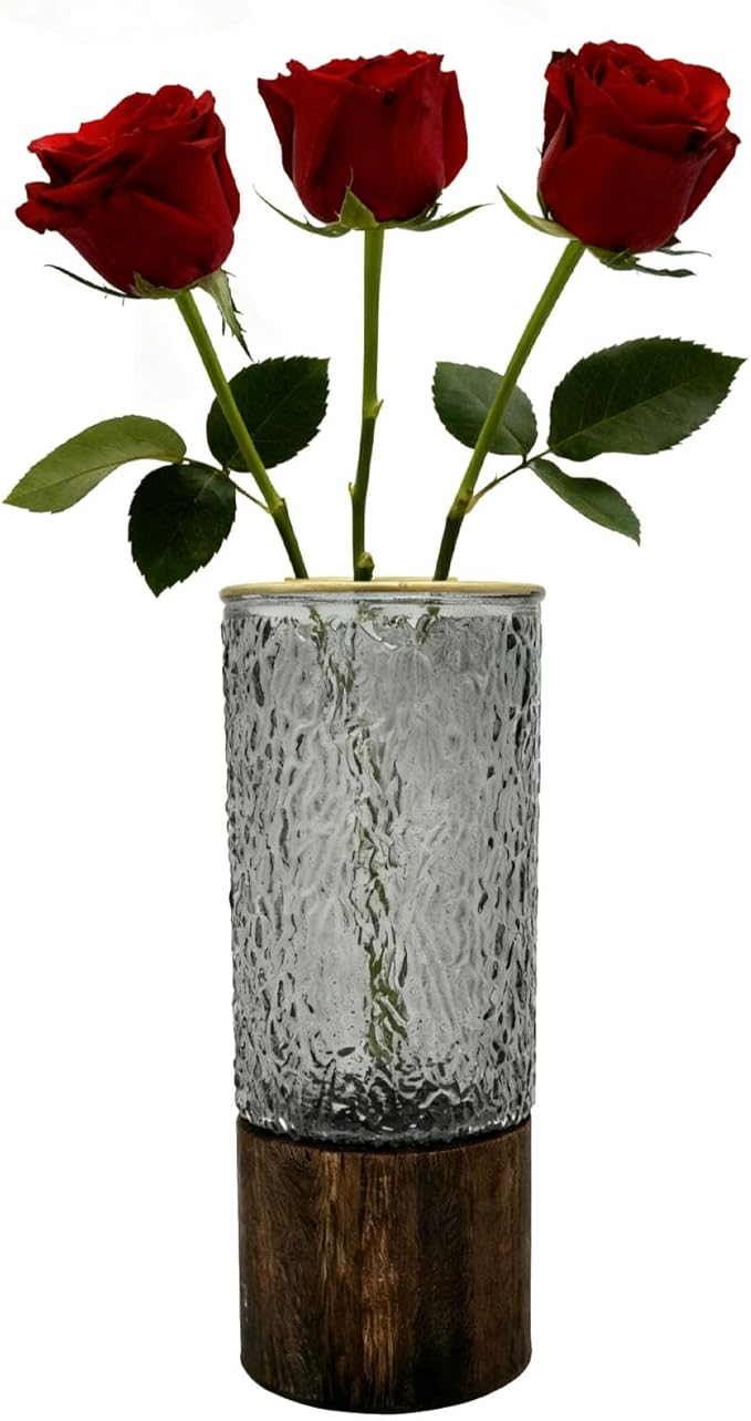 10 Inch Large Artistic Wood Base Glass Cylinder Flower Vase, Ins Modern Boho Water Wave Style for Home Kitchen Fireplace Office Desks, Houses, Garden Decorations