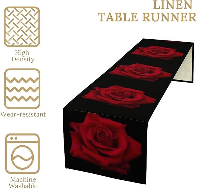 Red Rose Table Runner,Romantic Flower Black Table Runner for Indoor Outdoor Holiday Home Wedding Party 13x36 Inch