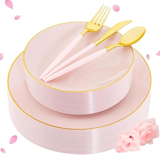 Liacere 150PCS Plastic Plates-Gold Plastic Silverware with Pink Handle - Pink Disposable Plates Include 30 Guests Plates, Forks, Spoons, Knives for Wedding＆Easter Day＆Mother's Day＆Valentine's Day