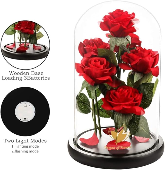 Christmas Rose Gifts for women,Beauty and The Beast Rose in Glass Dome with LED Light,Glass Rose Flower Gifts for Her,Christmas Birthday Gifts for Women Mom Wife Girlfriend Friend Forever Red Rose