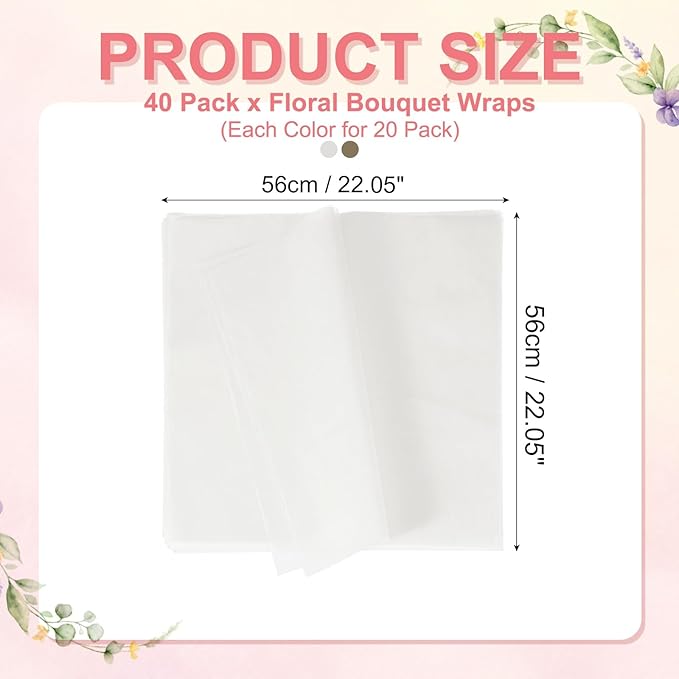 YELARXI Flower Wrapping Paper, Cotton Wrapping Flower Paper, Non-Woven Waterproof Floral Bouquet Wraps - Fitting for (Florist Supplies/Gift) 22 x 22 Inch & 40 Pack & White/Brown