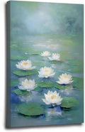 Zen wall art Delicate white lotus flower floating on calm water Vintage oil painting print Serene aquatic wall art creates a tranquil home decor 16x24in Wood Framed