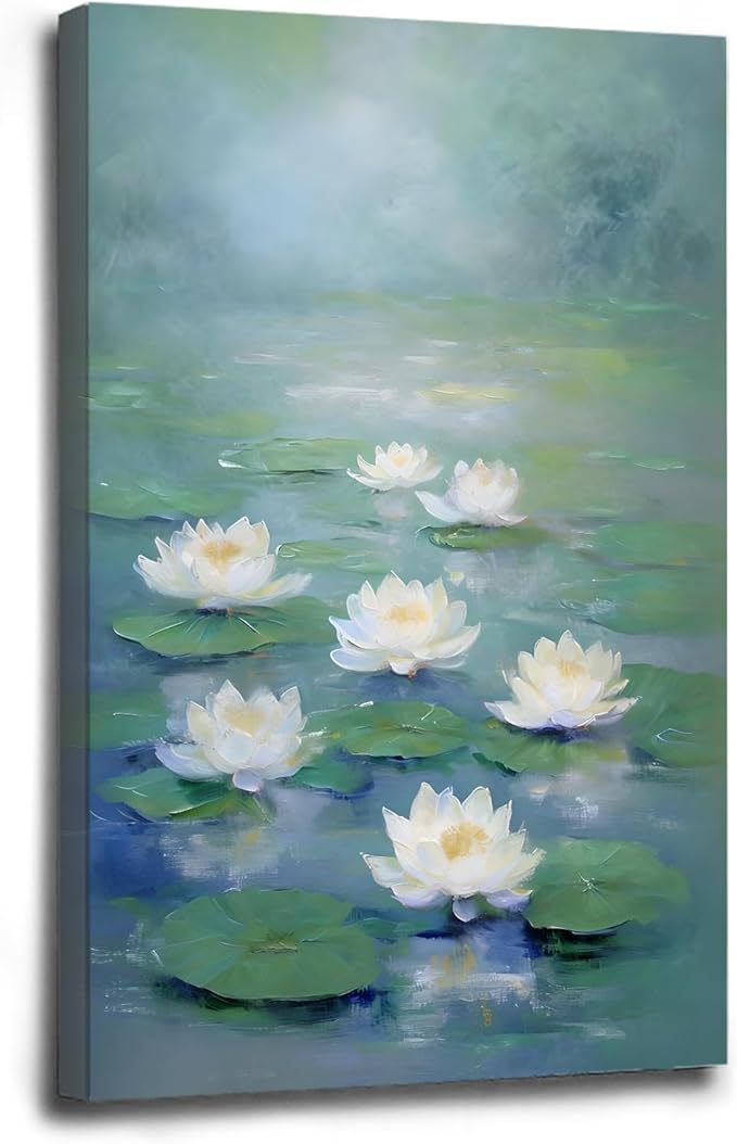 Zen wall art Delicate white lotus flower floating on calm water Vintage oil painting print Serene aquatic wall art creates a tranquil home decor 12x18in Wood Framed